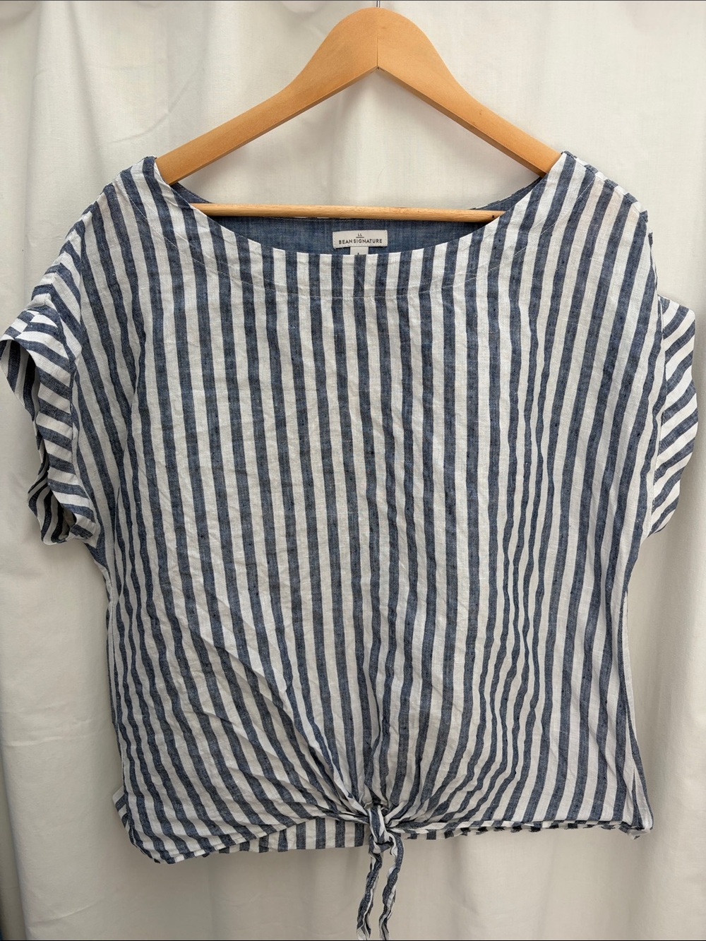 L.L. Bean Signature Blue & White Striped Tie-Front 100% linen Top L